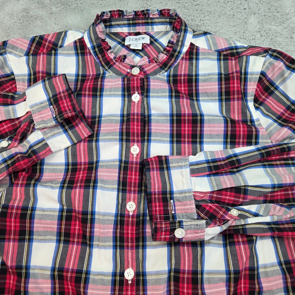 J.Crew Plaid Ruffle Neck Button Down Shirt Womens S Long Sleeve Stretch Red Pink